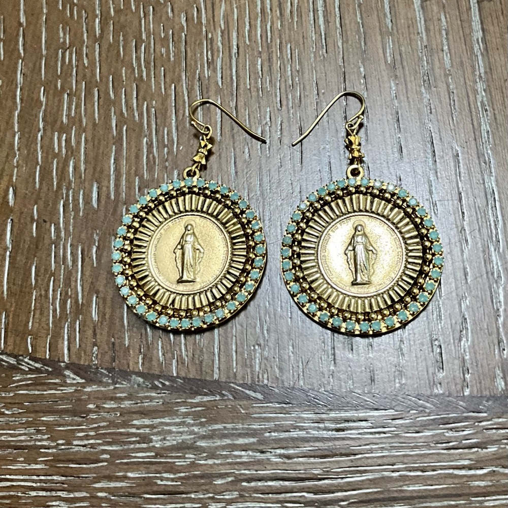 VIRGINS SAINTS & ANGELS (VSA) Milagrosa Medallion Earrings with Crystals.